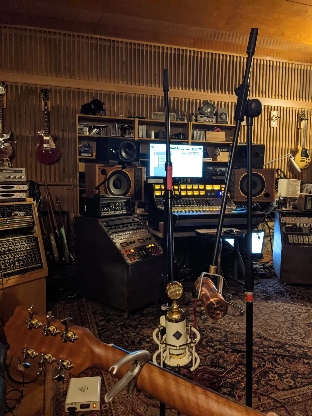 Microphones set up in the recording room